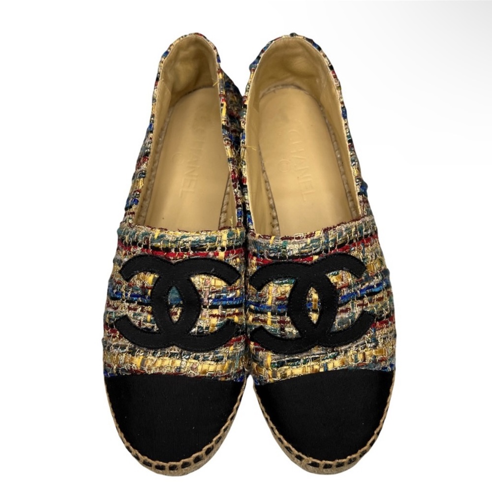 CHANEL Espadrilles Tweed Canvas Metallic Flats Size EU 40